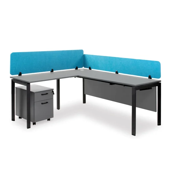 Executive Steel Frame L-Desk with Acoustic PET Screens – Grey & Teal for contemporary staff workspaces